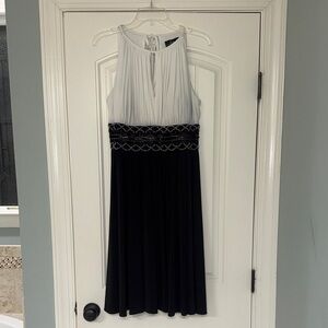 R & M Richards Black and White Halter Midi Dress with Beaded Waist